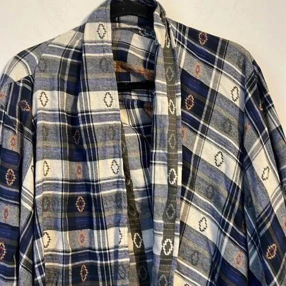 En Creme Blue Blue Plaid Open Front‎ Crinkle Draped Fringe Cardigan M ♣️ - Picture 2 of 6